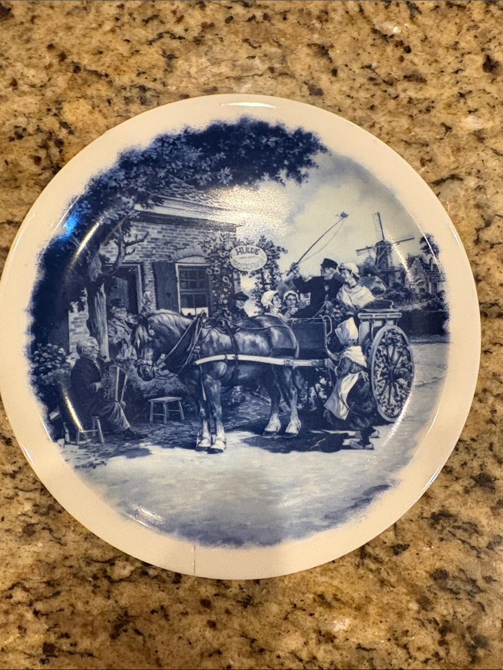 Delft Blue Holland Plate Clydesdale Horse in Village Blue and White